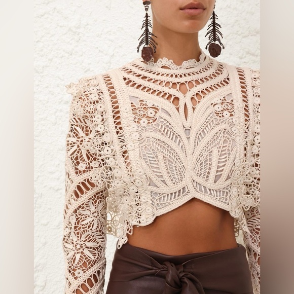 Zimmermann Illuminate Cornelli Bodice Crochet Lace Long Sleeve Crop Top 0 XS - Picture 2 of 8
